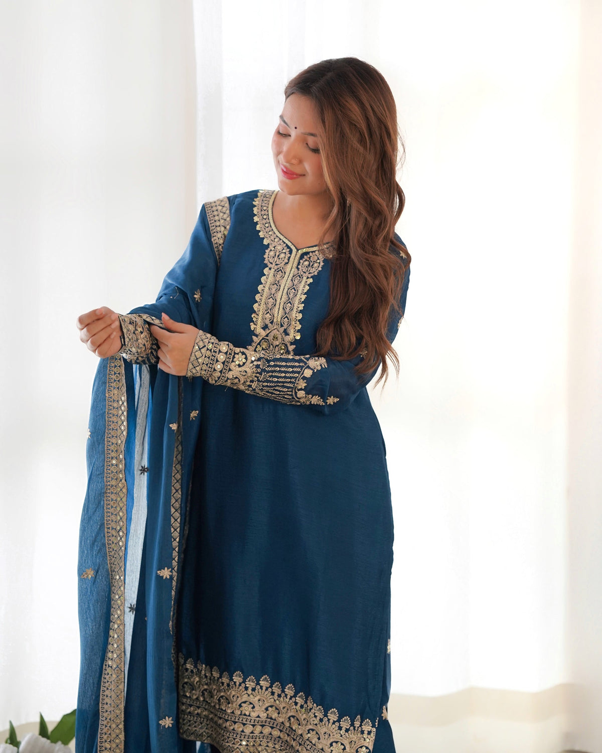 Teal Chinon Silk Embroidered Kurta Pant Set with Dupatta