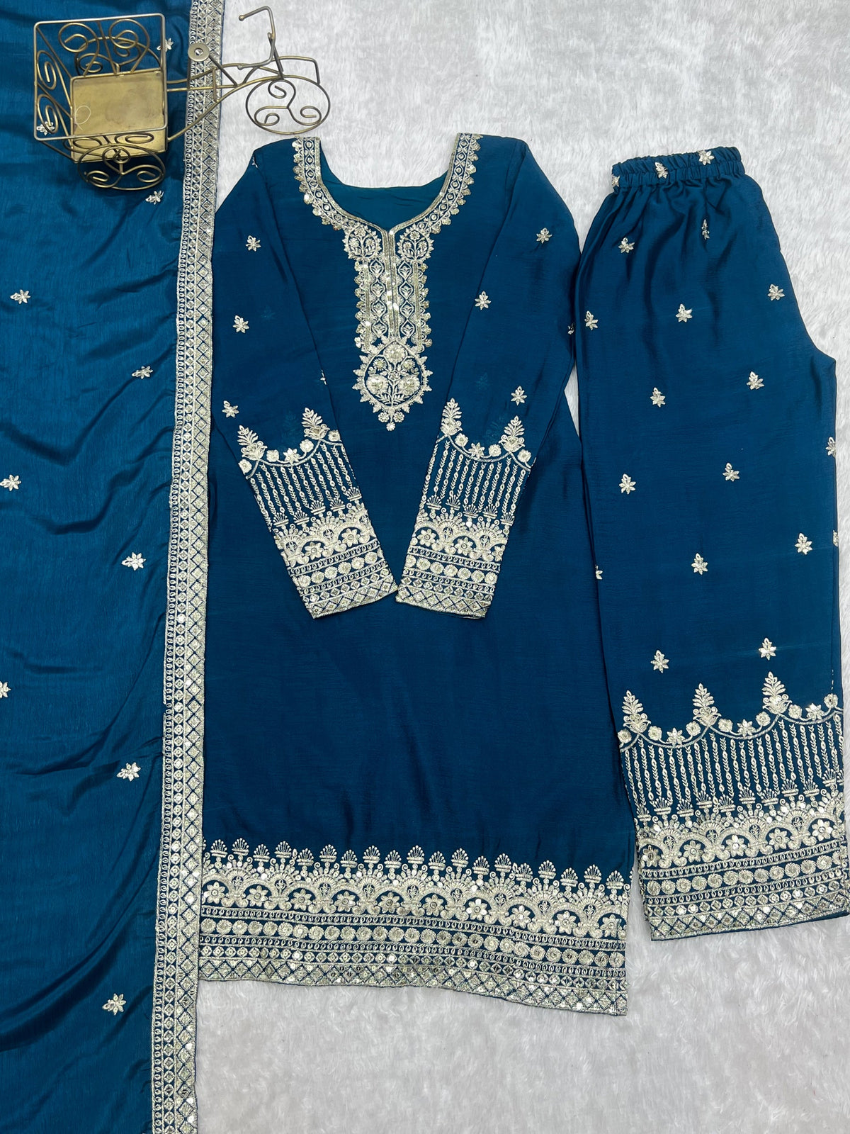 Teal Chinon Silk Embroidered Kurta Pant Set with Dupatta