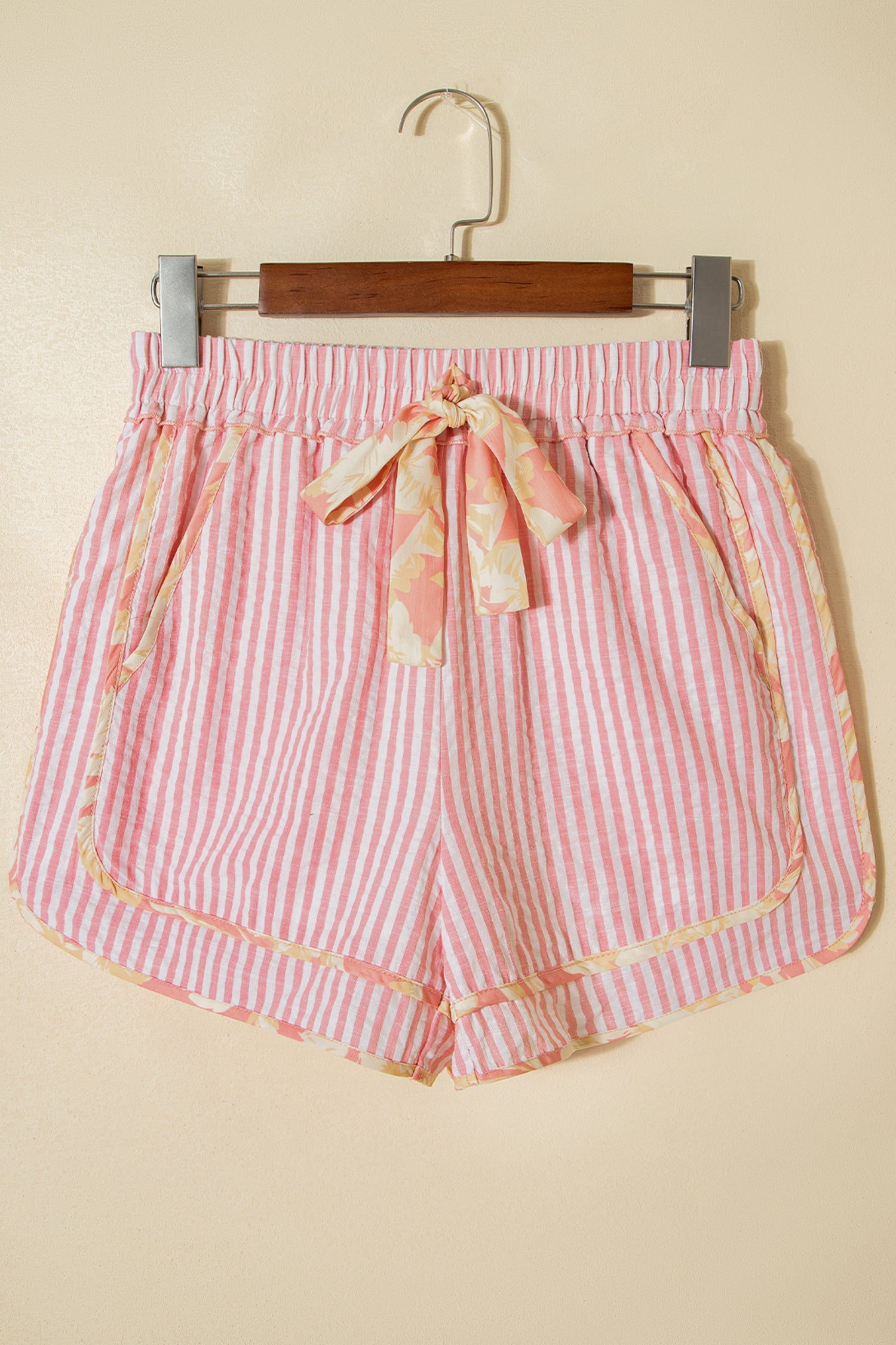 Floral Trim Ribbon Knot Casual Stripe Shorts