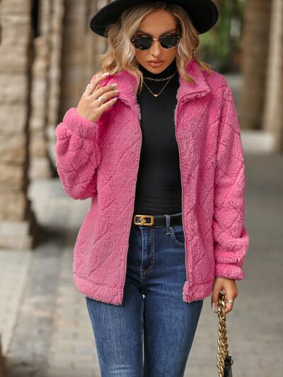 Women's Fuzzy Zip-Up Jacket with Pockets - Casual Streetwear