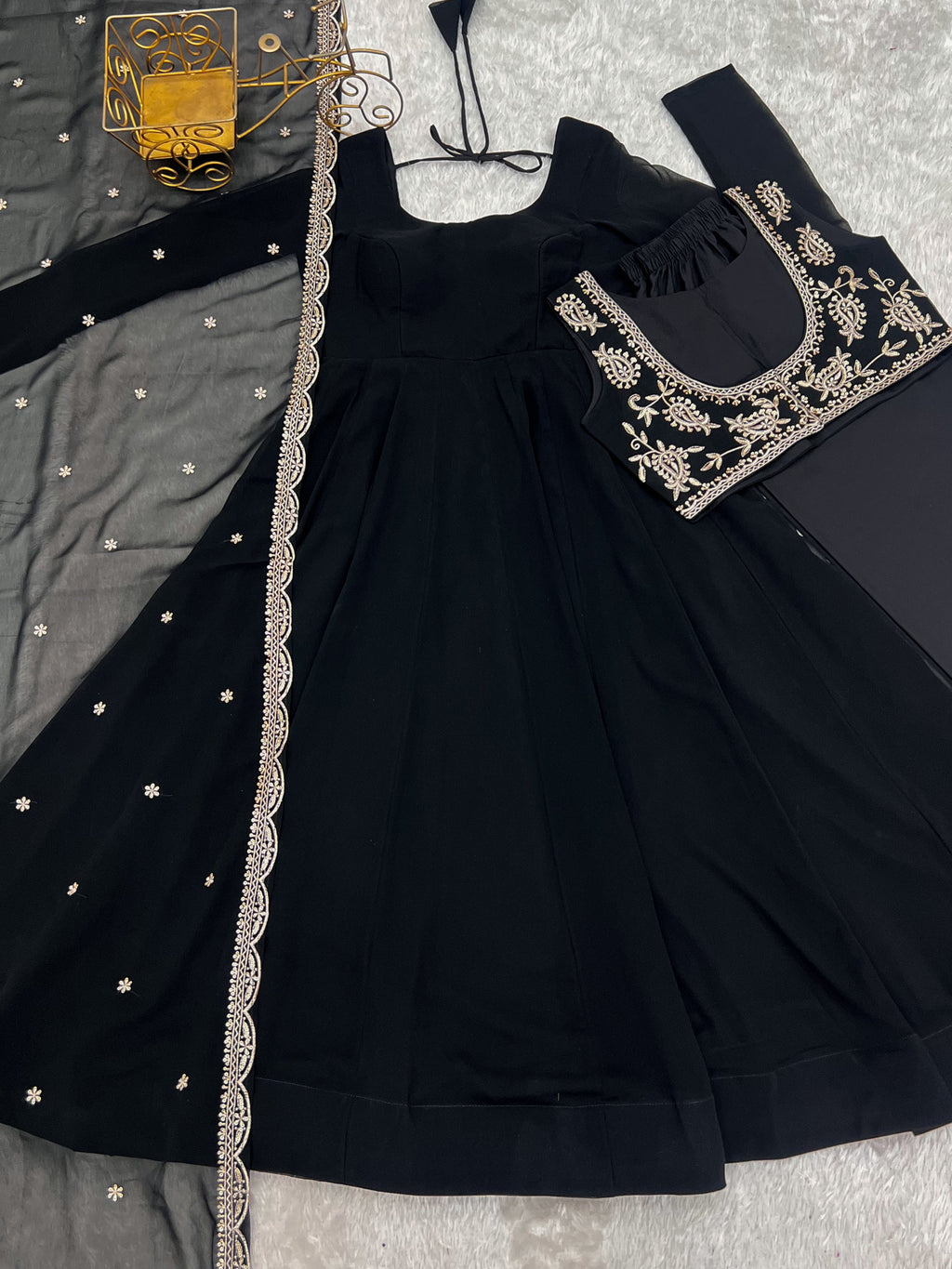 Black Faux Georgette 16-Kali Anarkali Gown with Fancy Yoke & Dupatta