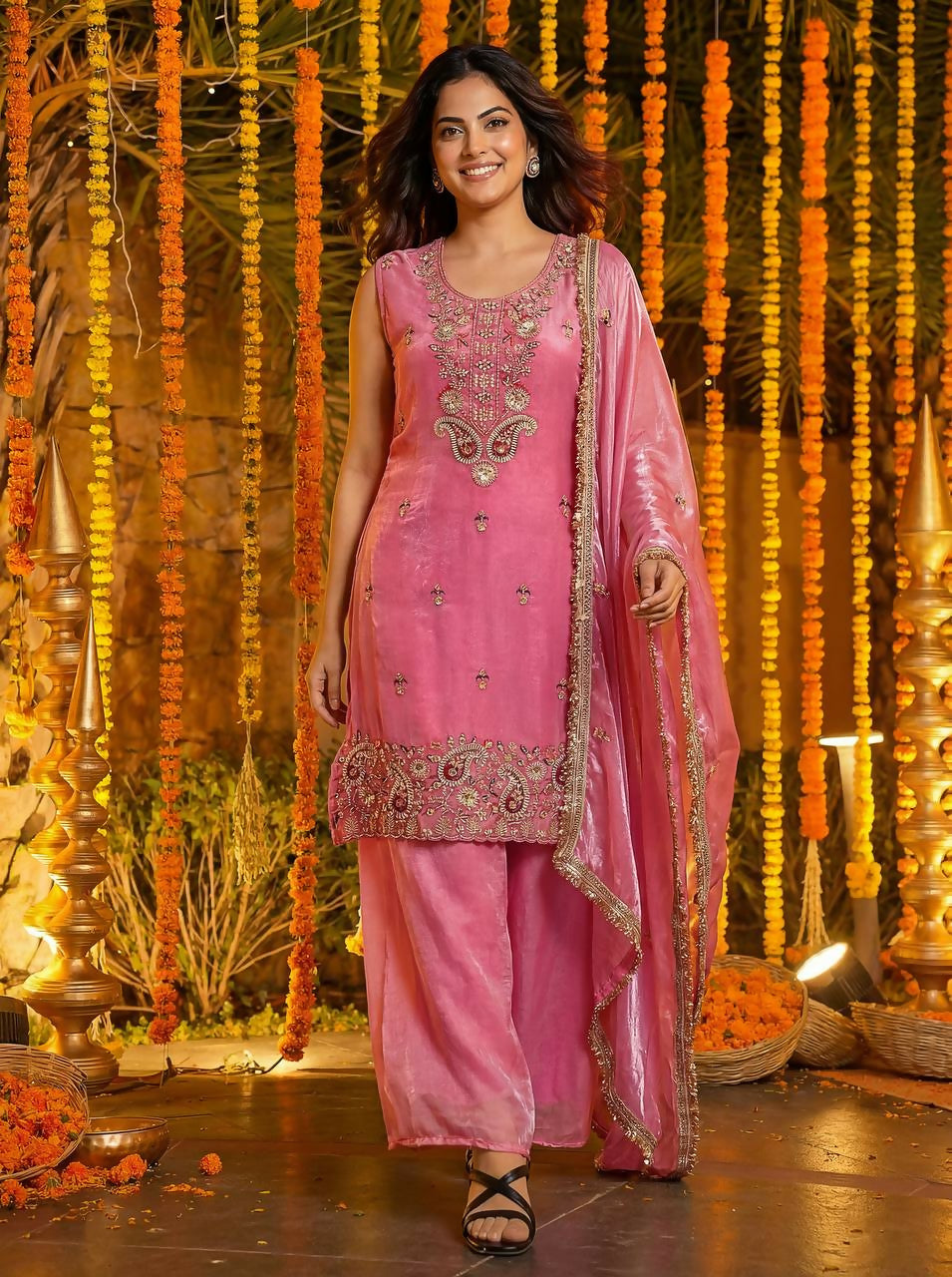 Pink Silk Embroidered Sharara Set with Stitched Kurti