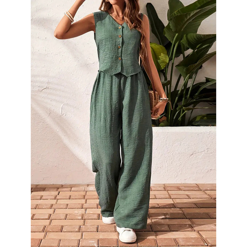 Women’s V-Neck Crop Vest and Wide-Leg Pants Matching Set