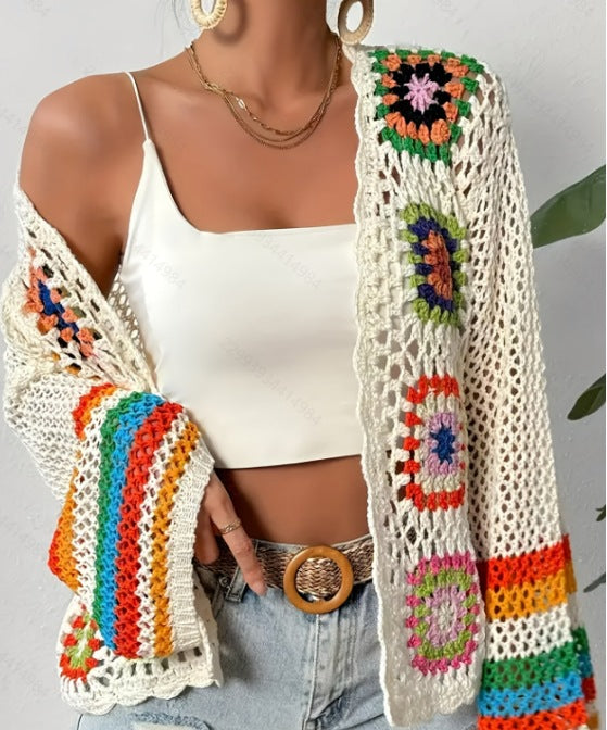 Women's Hand-Crocheted Geometric Knit Cardigan Lightweight Layer - Image 3