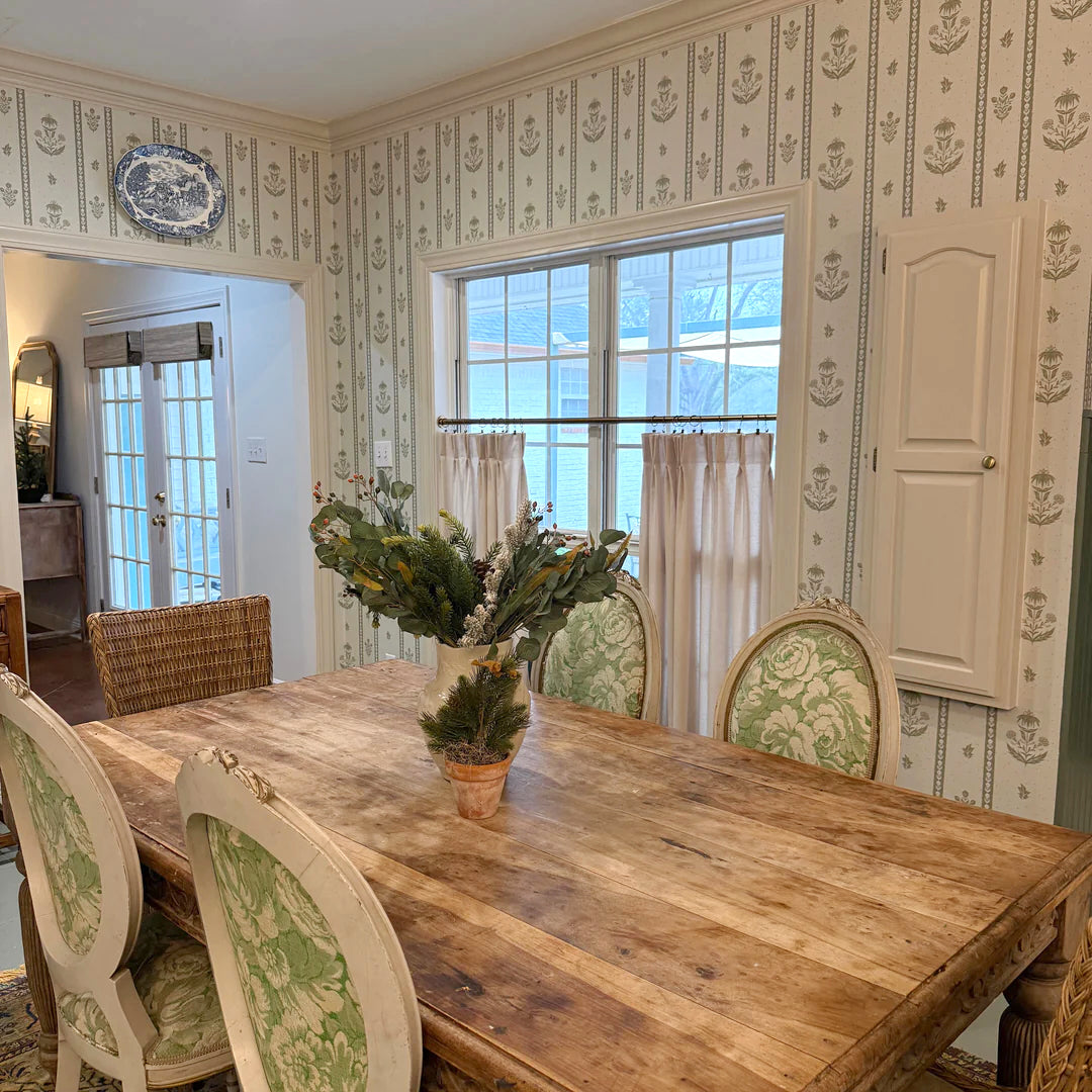 Vintage floral Cordelia wallpaper in green, cream, brown, and blue