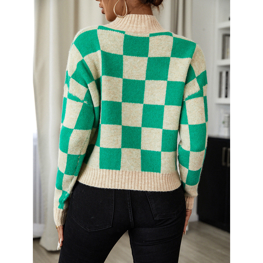 Women's Green Beige Checkerboard Knitted Mock Neck Pullover Sweater - Image 3