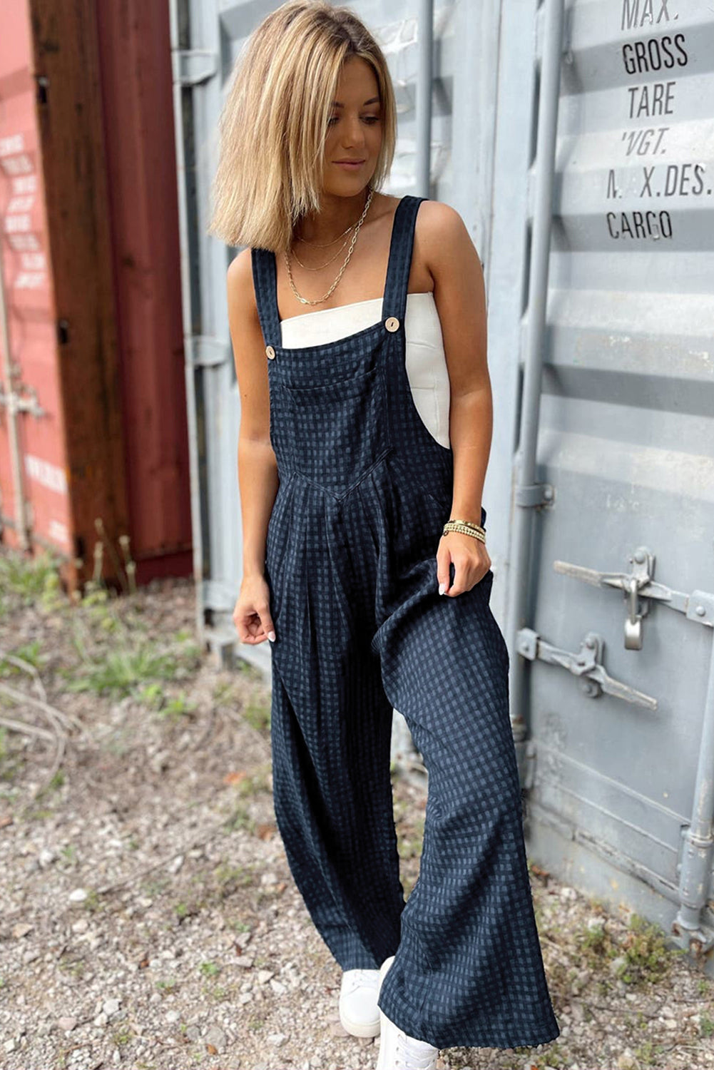 Sail Blue Plaid Print High Waist Overall with Pockets