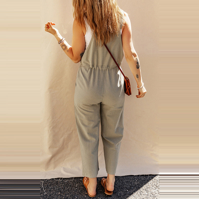 Women's Sleeveless Linen Camisole Jumpsuit Casual Wide Leg - back view