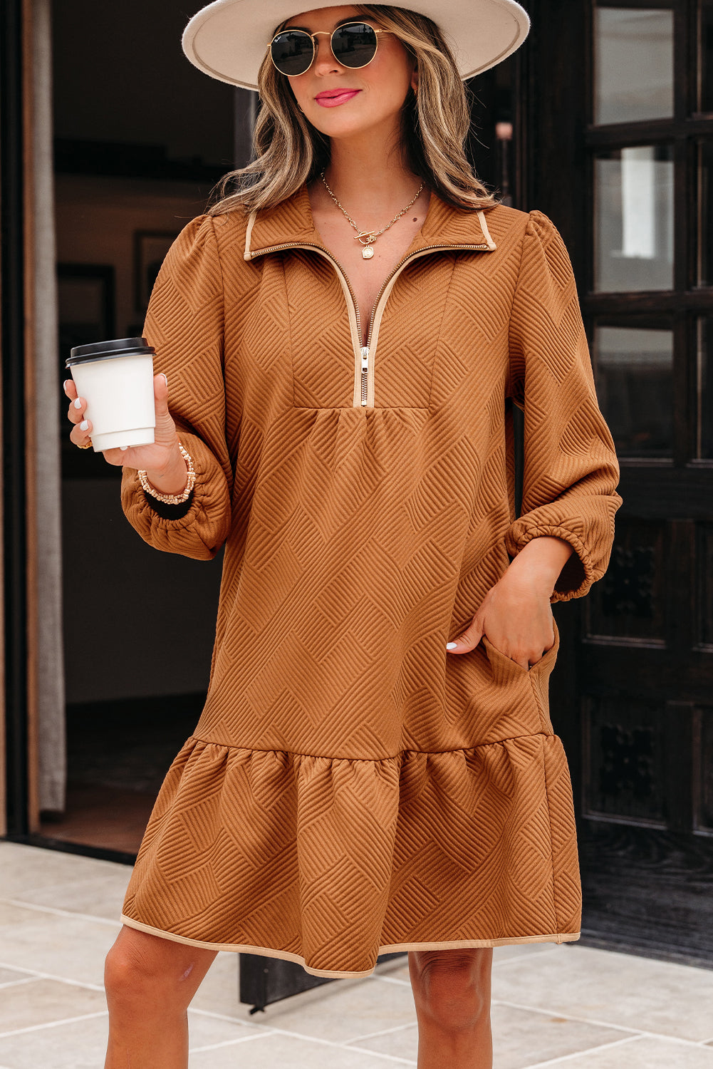 Zip Collar Textured Mini Dress with Long Sleeves