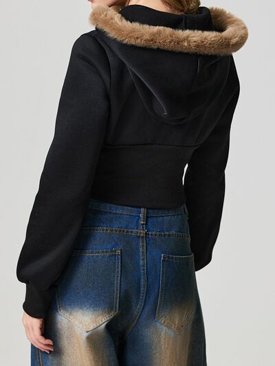 Black Fuzzy Hem Hooded Zip-Up Track Jacket with Long Sleeves