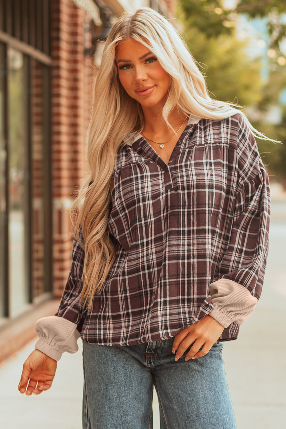 Women's Brown Plaid Patchwork Long Sleeve Hooded Top