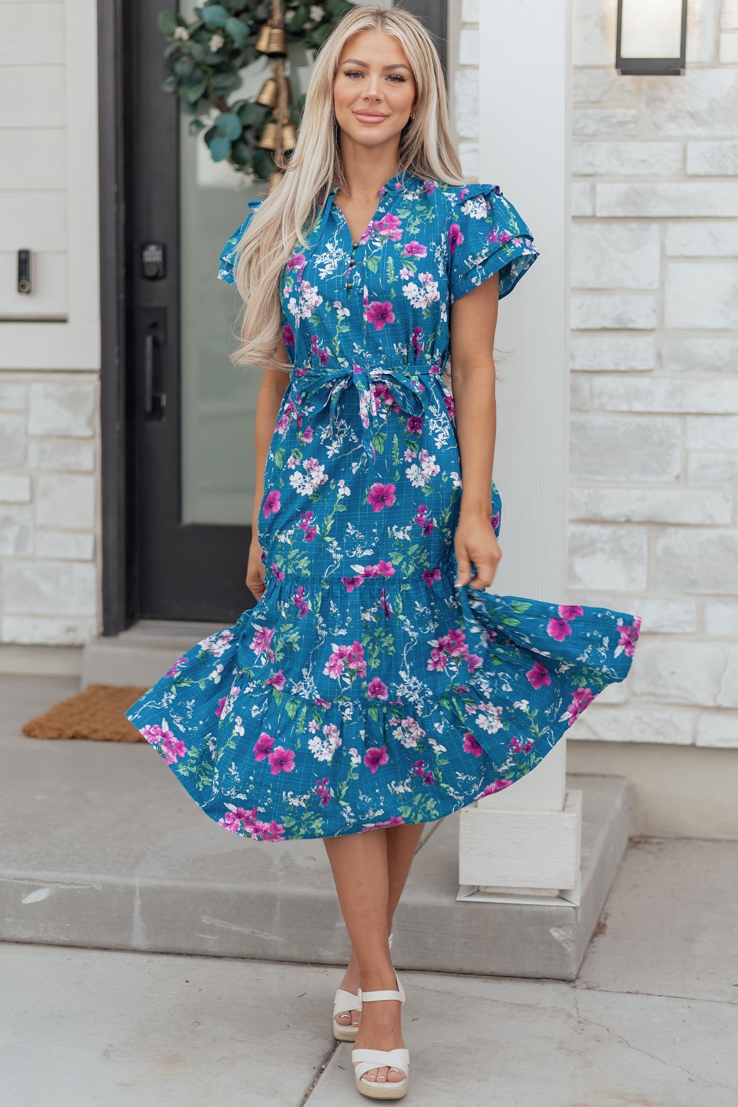 Blue Floral Flutter Sleeve Maxi Dress with Belted Split Neck