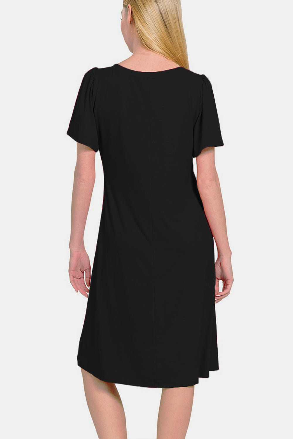 Classic V-Neck Short Sleeve Dress in Solid Black