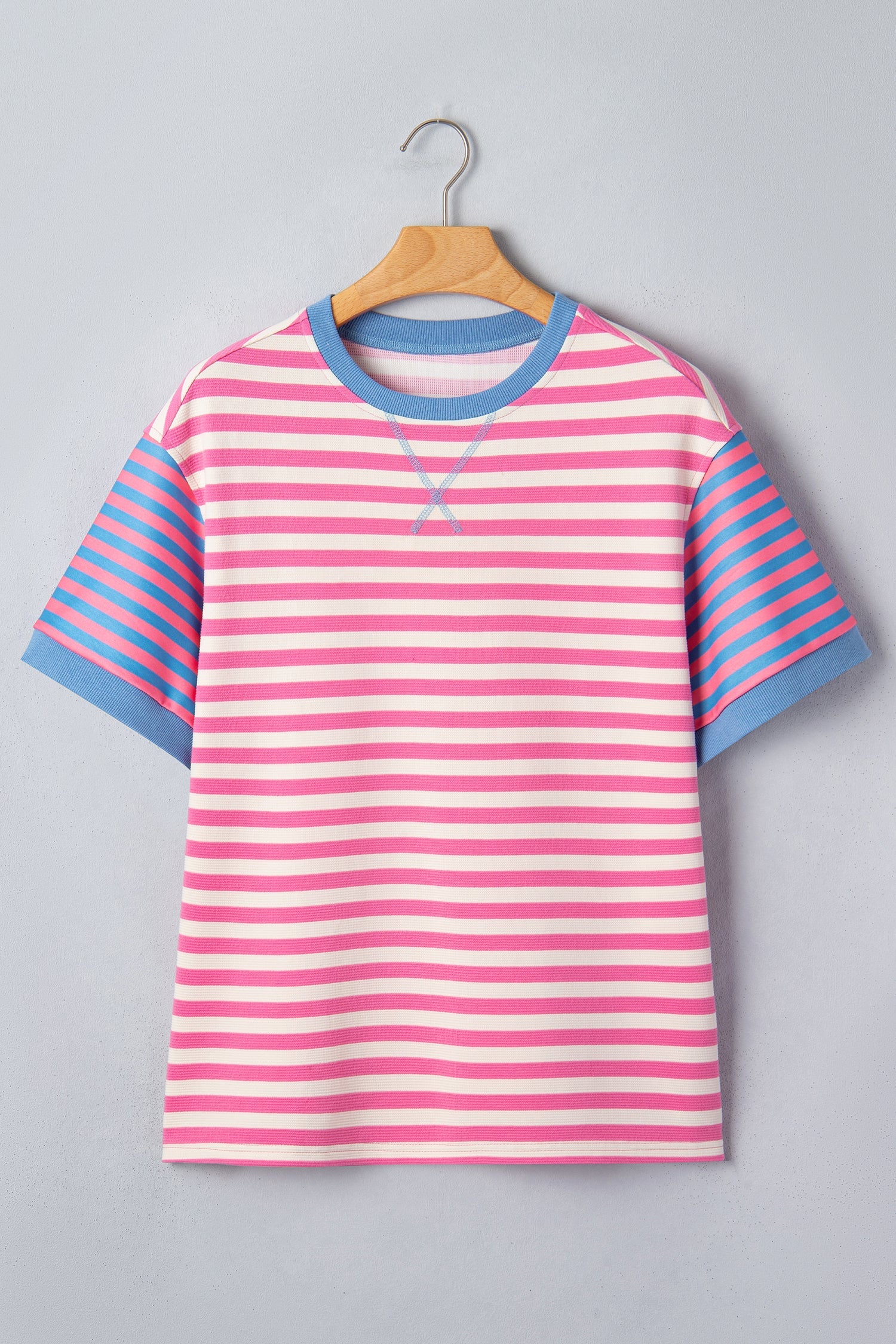 Stripe Contrast Patchwork Short Sleeve Knit Tee