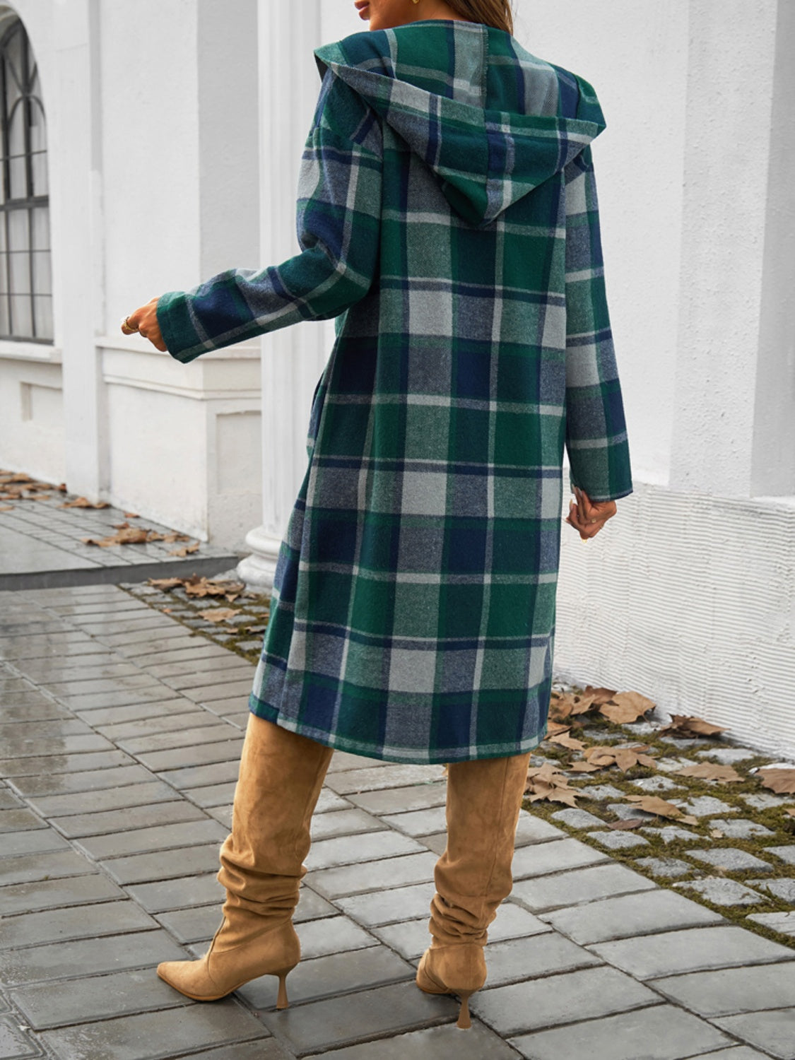 Women's Plaid Long Sleeve Hooded Coat in Brown and Green - Image 24