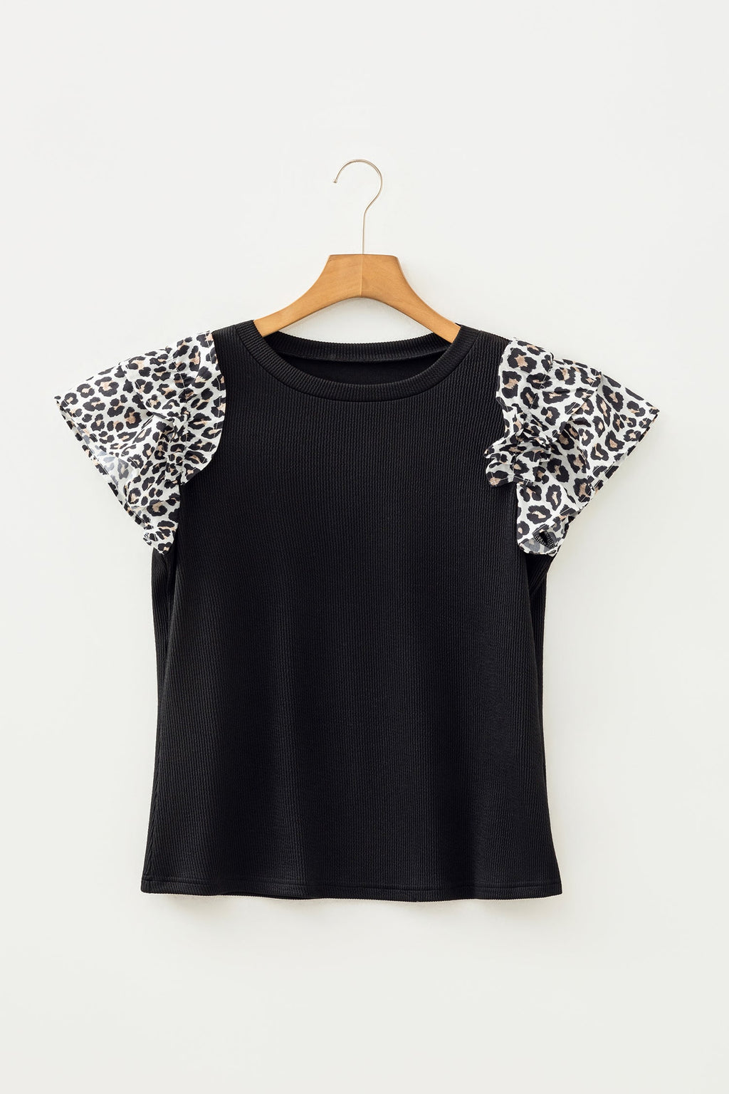Leopard Contrast Ruffle Short Sleeve Ribbed Top