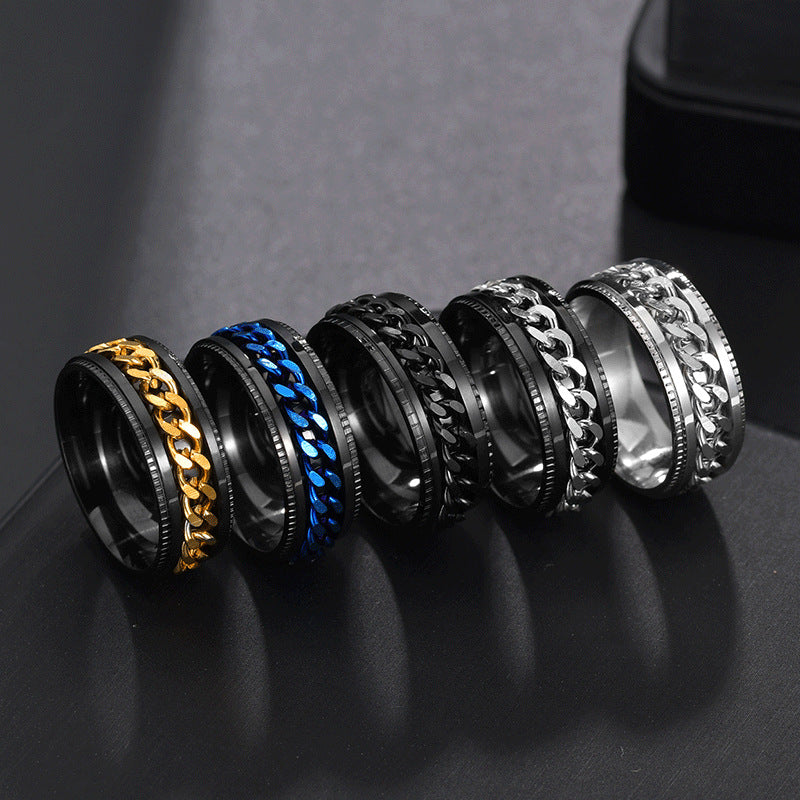 Stainless Steel Rotating Cuban Chain Spinner Ring For Men