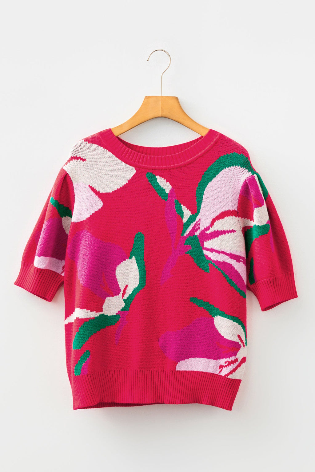 Floral Abstract Short Puff Sleeve Sweater