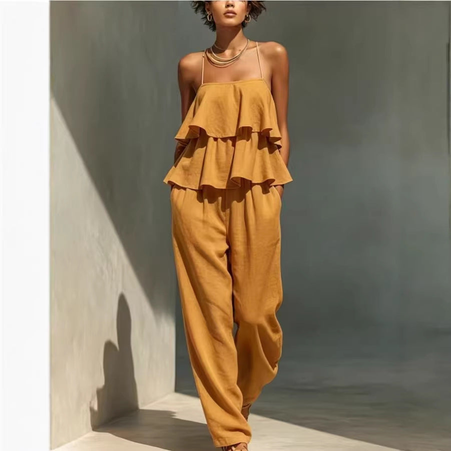 Women's Ruffled Camisole and Casual Wide Leg Pants Set
