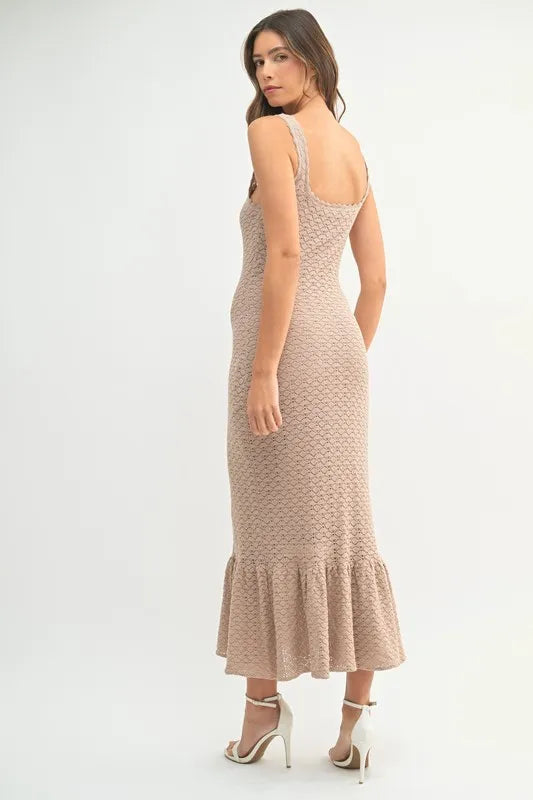Sleeveless Crochet Knit Midi Dress with Ruffled Hem