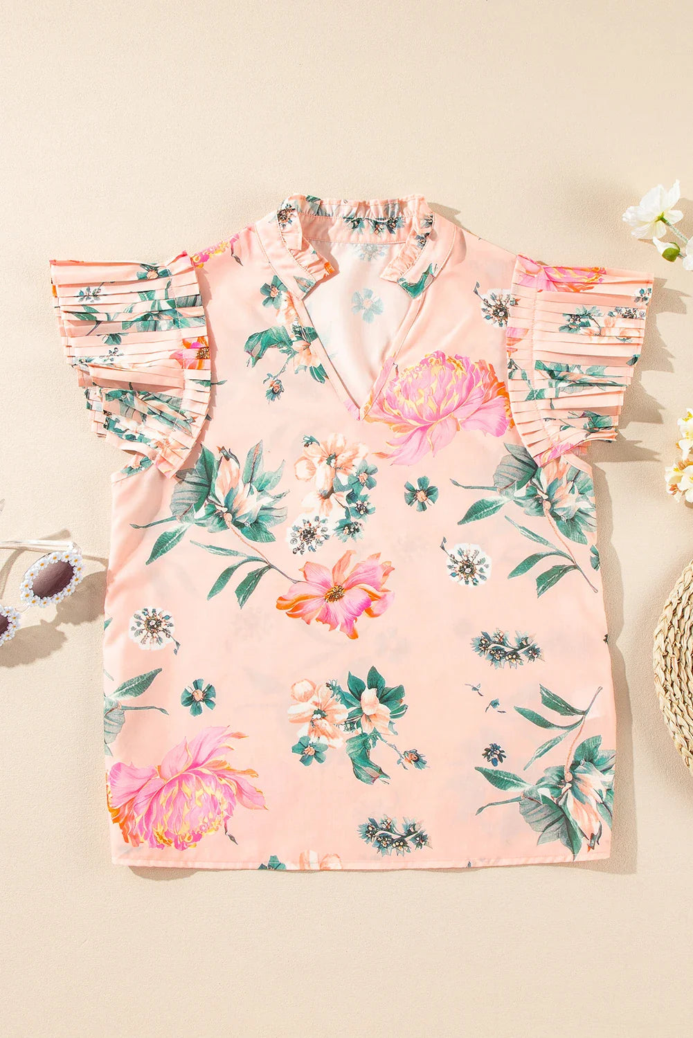 Floral Frilled V-Neck Blouse in Pink