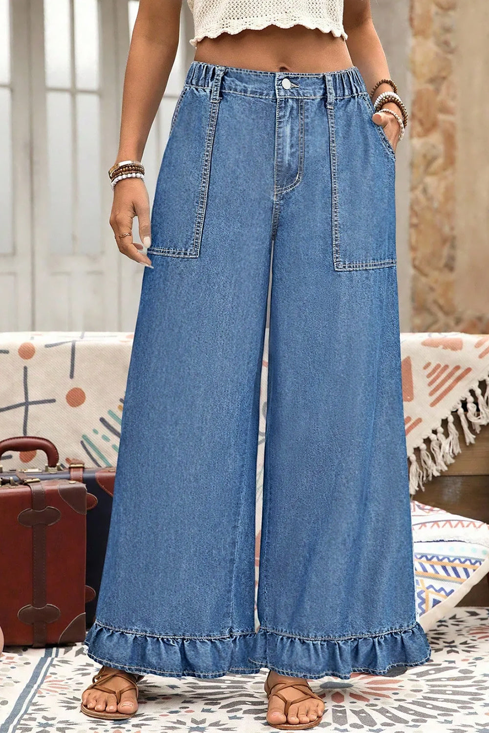 Ashleigh Blue Elastic Waist Ruffled Wide Leg Denim Pants