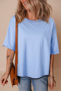 Myosotis Loose Half Sleeve Hi-Low T-Shirt | Light Blue Cotton