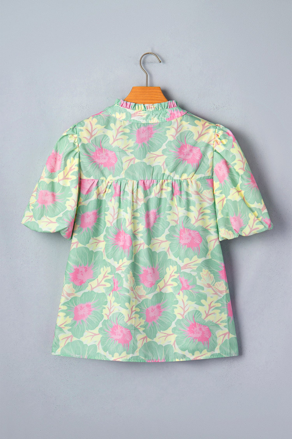 Yellow Floral Short Bubble Sleeve Summer Blouse