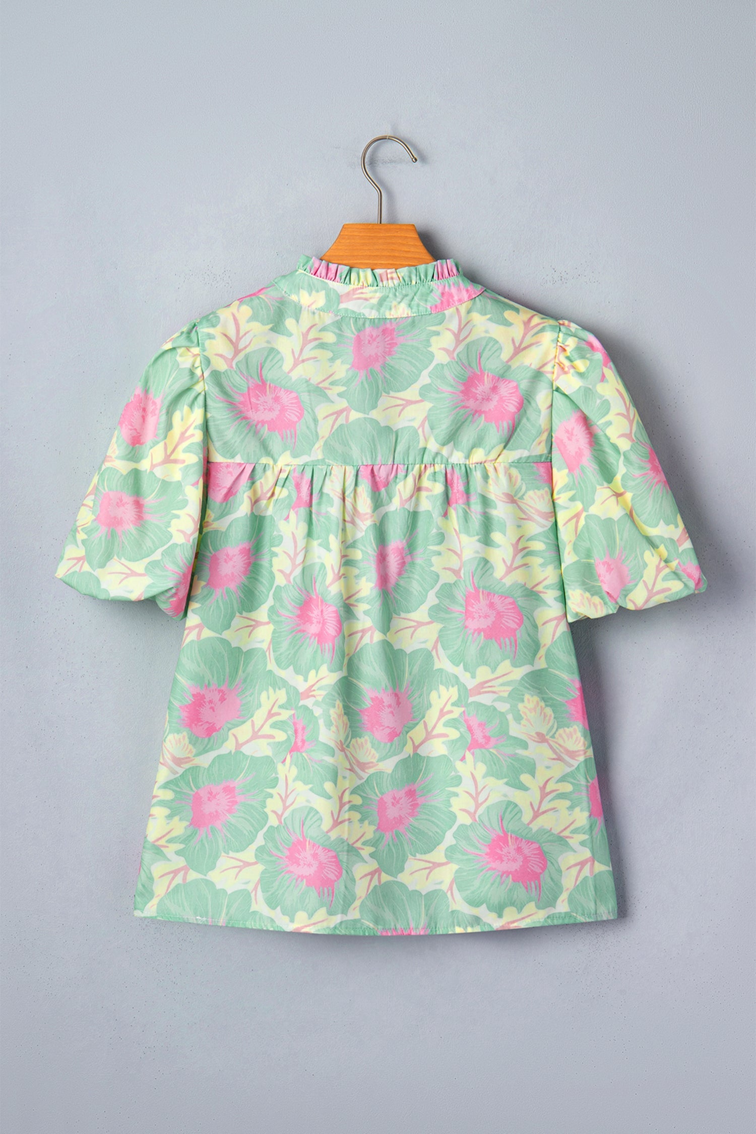 Yellow Floral Short Bubble Sleeve Summer Blouse