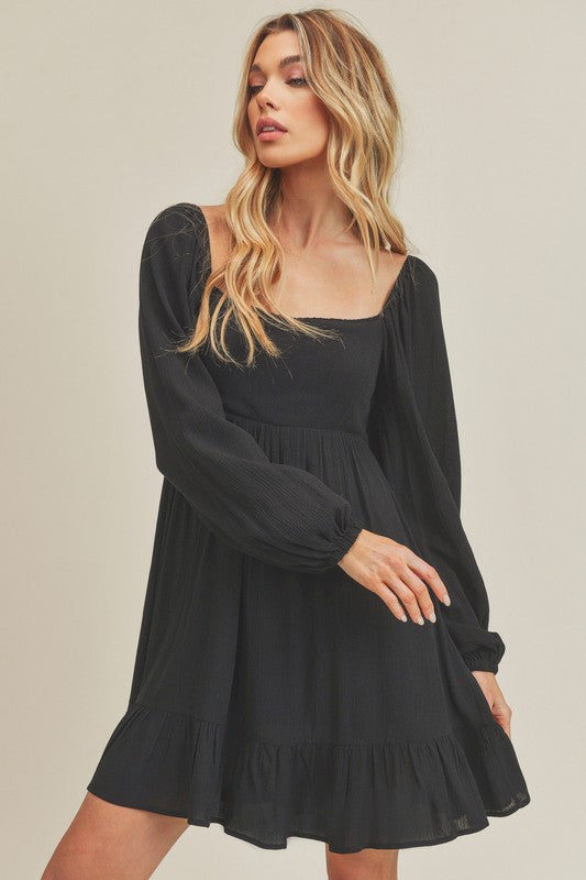 Square Neck Balloon Sleeve Mini Dress with Ruched Hem