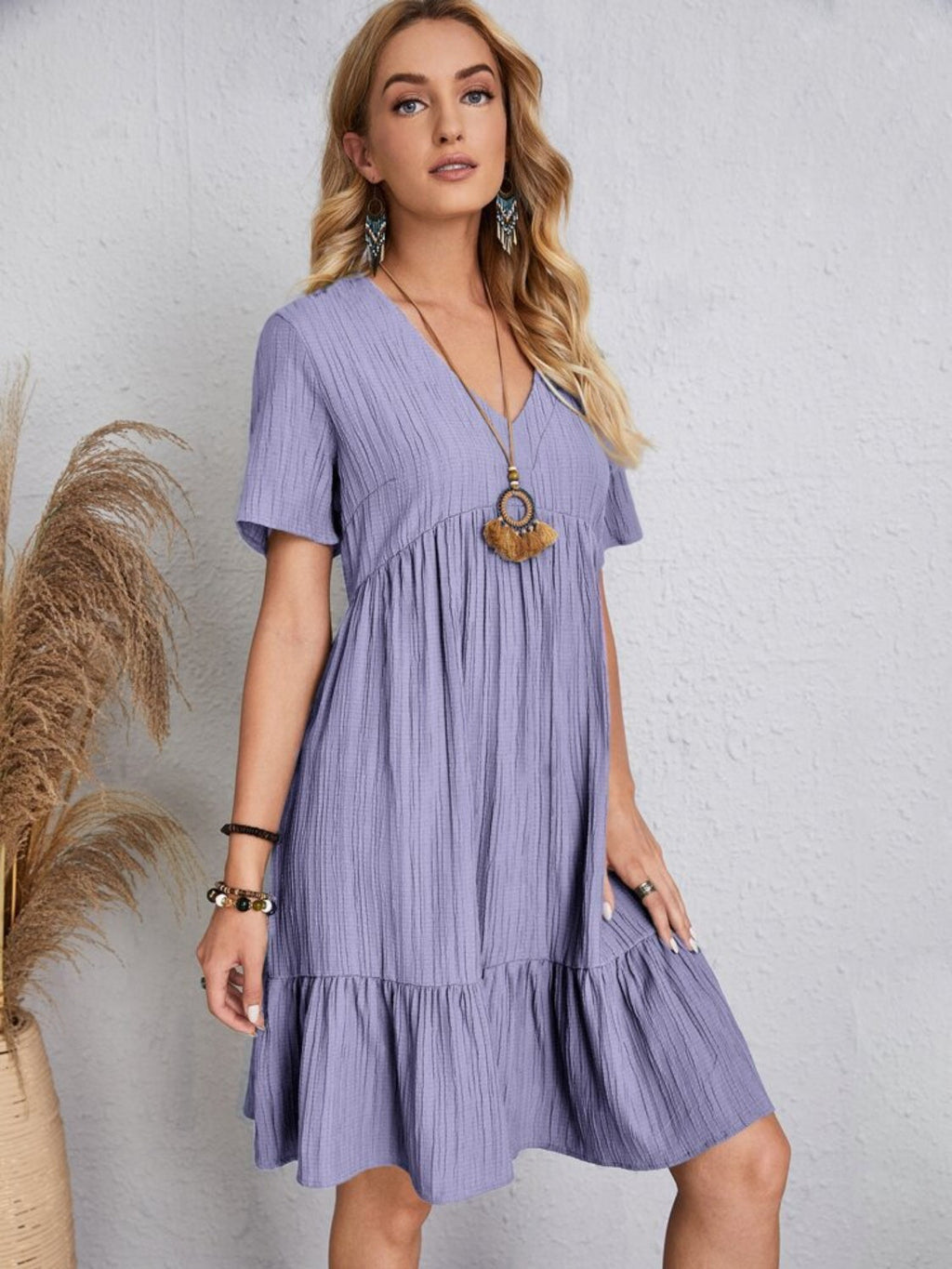Classic V-Neck Short Sleeve Casual Midi Dress