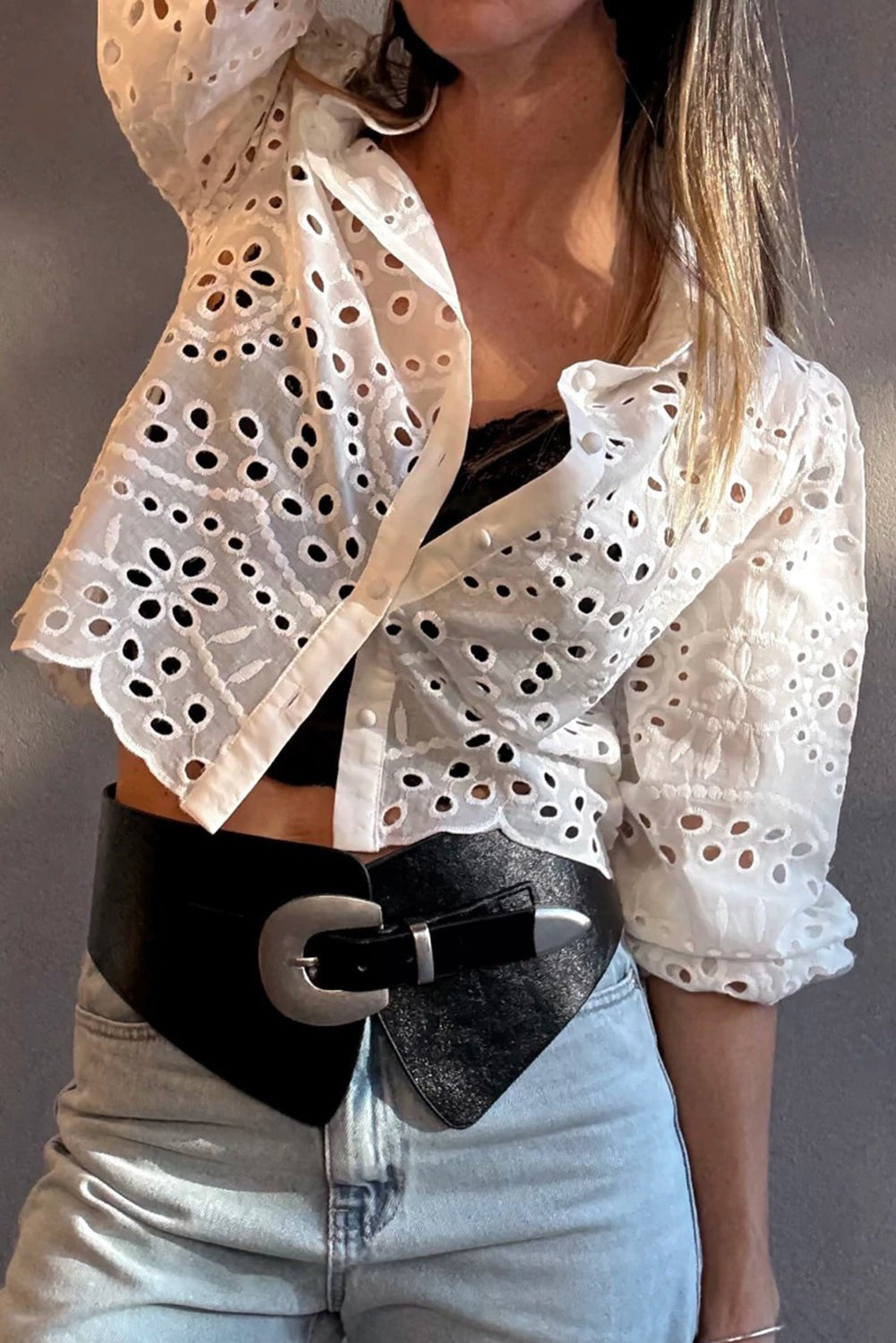 White Eyelet Embroidered Puff Sleeve Crop Shirt
