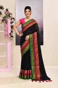 Black embellished cotton saree with a golden zari border.