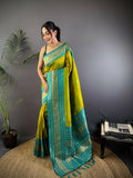 Elegant Light Green Banarasi woven soft silk saree with matching blouse piece