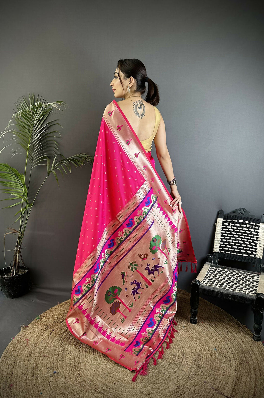 Joban Fashion Rani Pink Peacock & Floral Motifs Soft Lichi Silk Kanchipuram Saree