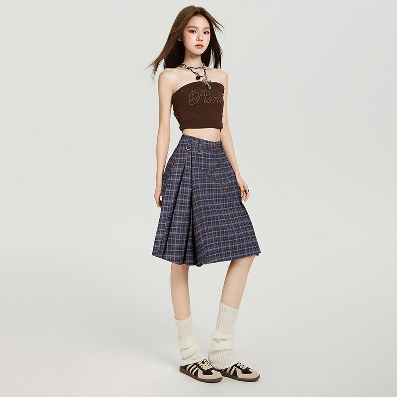 Women's Blue Plaid A-Line Pleated Midi Skirt, College Style - Image 4