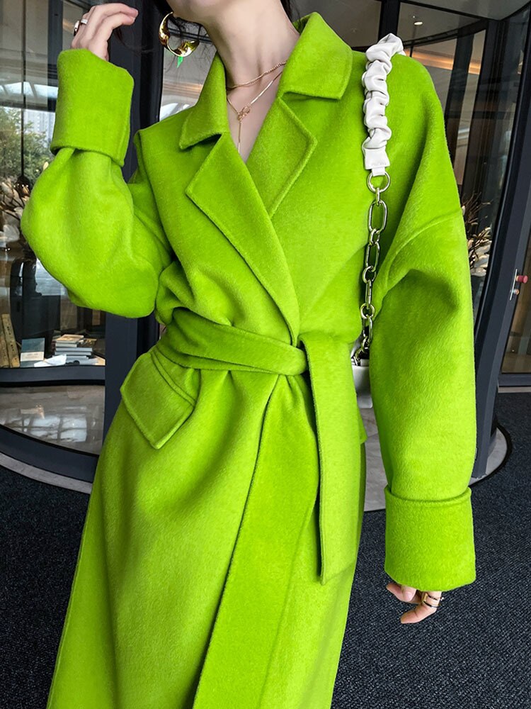 Women's Harajuku Grass Green Wool Blend Belted Overcoat - Image 6