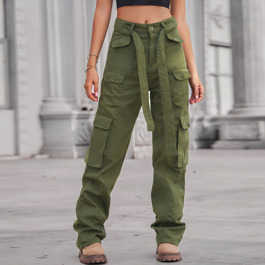 Washed Denim Multi-Pocket Cargo Pants with Tie Waist - Image 5