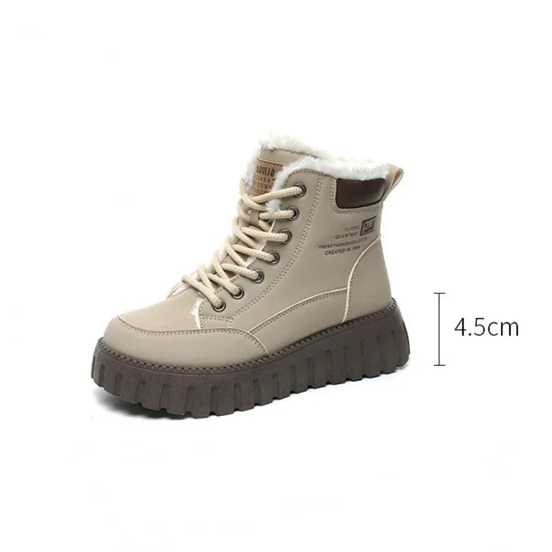 Women's Beige Plush Lined Lace-Up Ankle Boots with Chunky Sole - Image 6