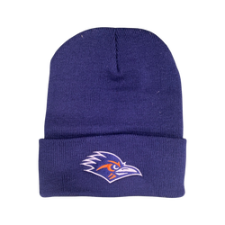 Close-up of a UTSA Roadrunners embroidered beanie in a classic knit style