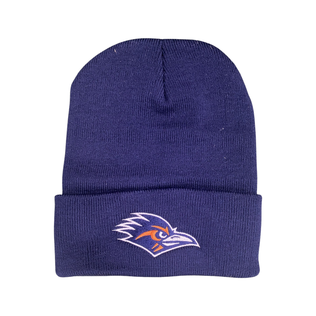Close-up of a UTSA Roadrunners embroidered beanie in a classic knit style