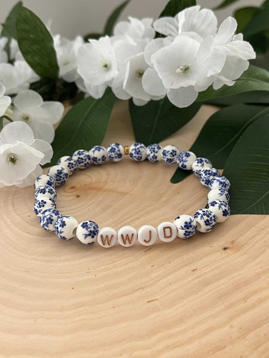 WWJD Faith Bead Bracelet Glass Pearl and Natural Stone
