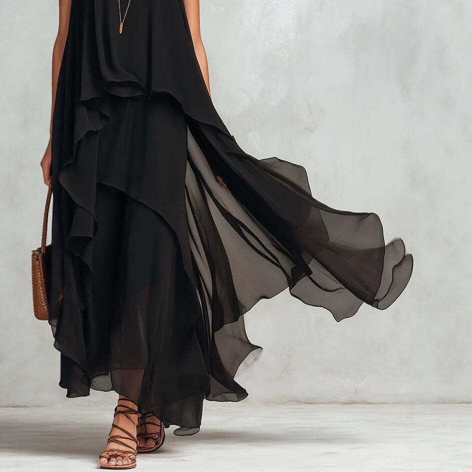 Black Asymmetrical Chiffon Maxi Dress - Flowy Sleeveless A-Line