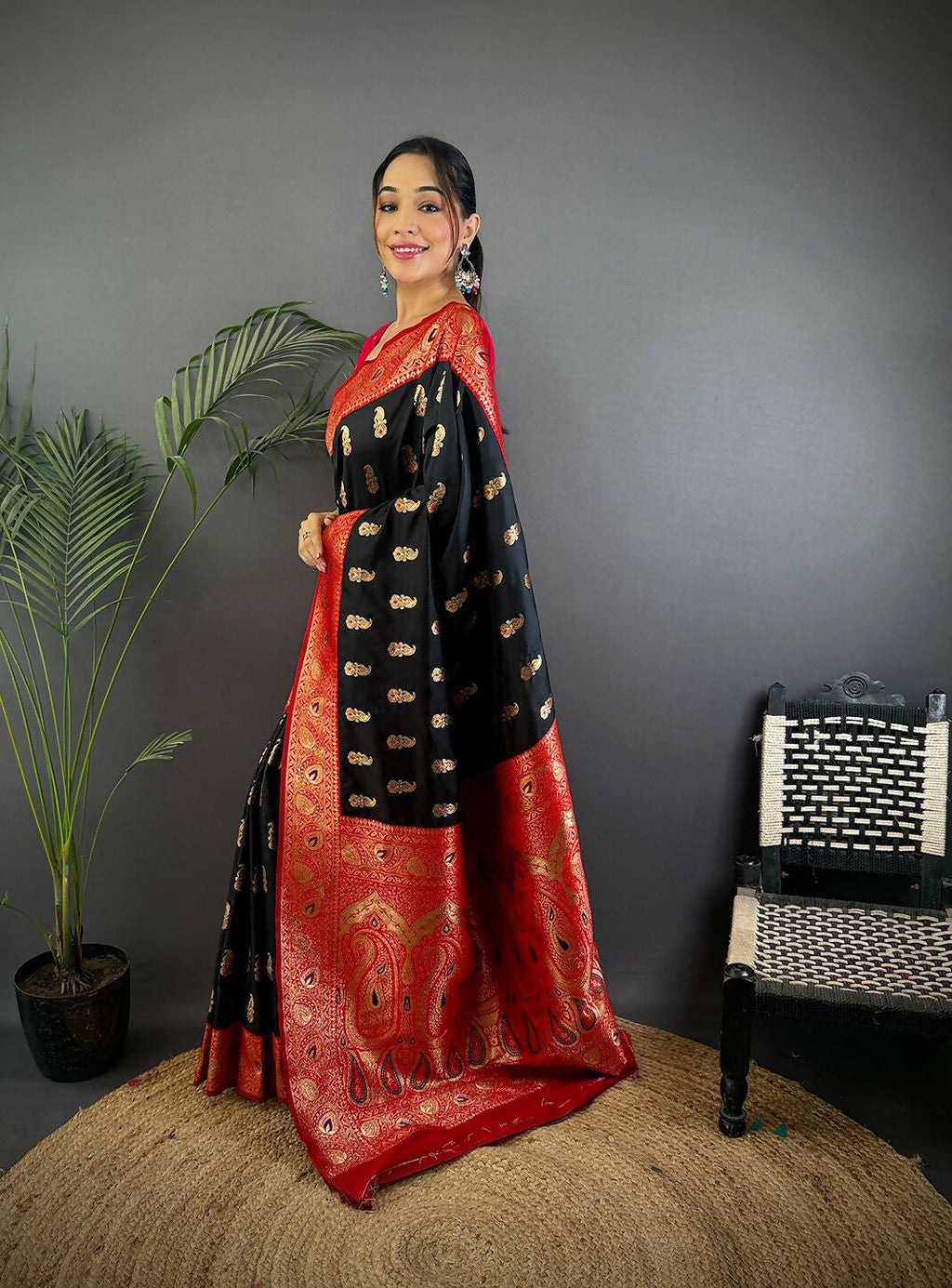 Black Banarasi Soft Silk Saree with Sophisticated Woven Butti