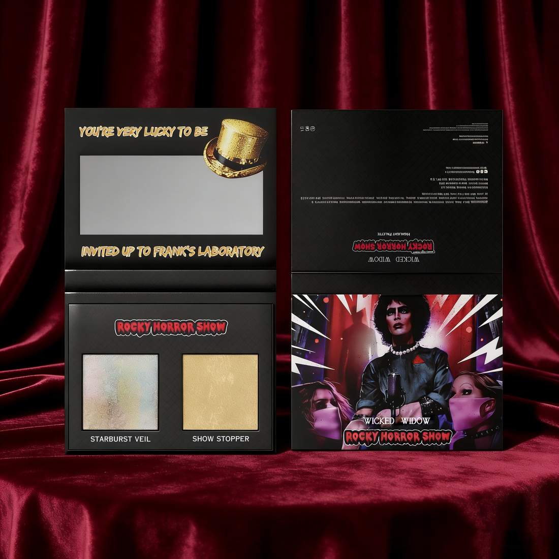Rocky Horror Show themed highlight palette open showing Starburst Veil and Show Stopper shades alongside a swatch image on three different skin tones.