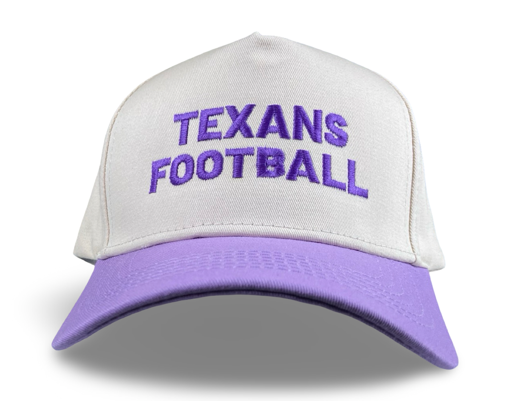 Tarleton State Texans Football trucker hat in white with purple bill and stacked purple embroidery