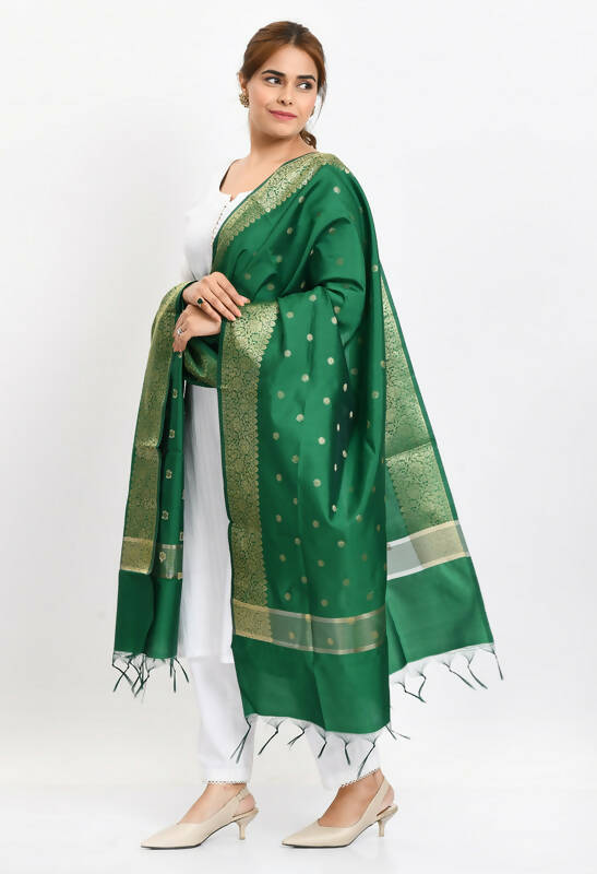 Women's Banarsi Silk Green Dupatta with Metallic Gold Woven Design