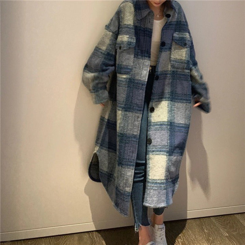 Women’s Blue Plaid Long Woolen Coat Loose Harajuku Streetwear