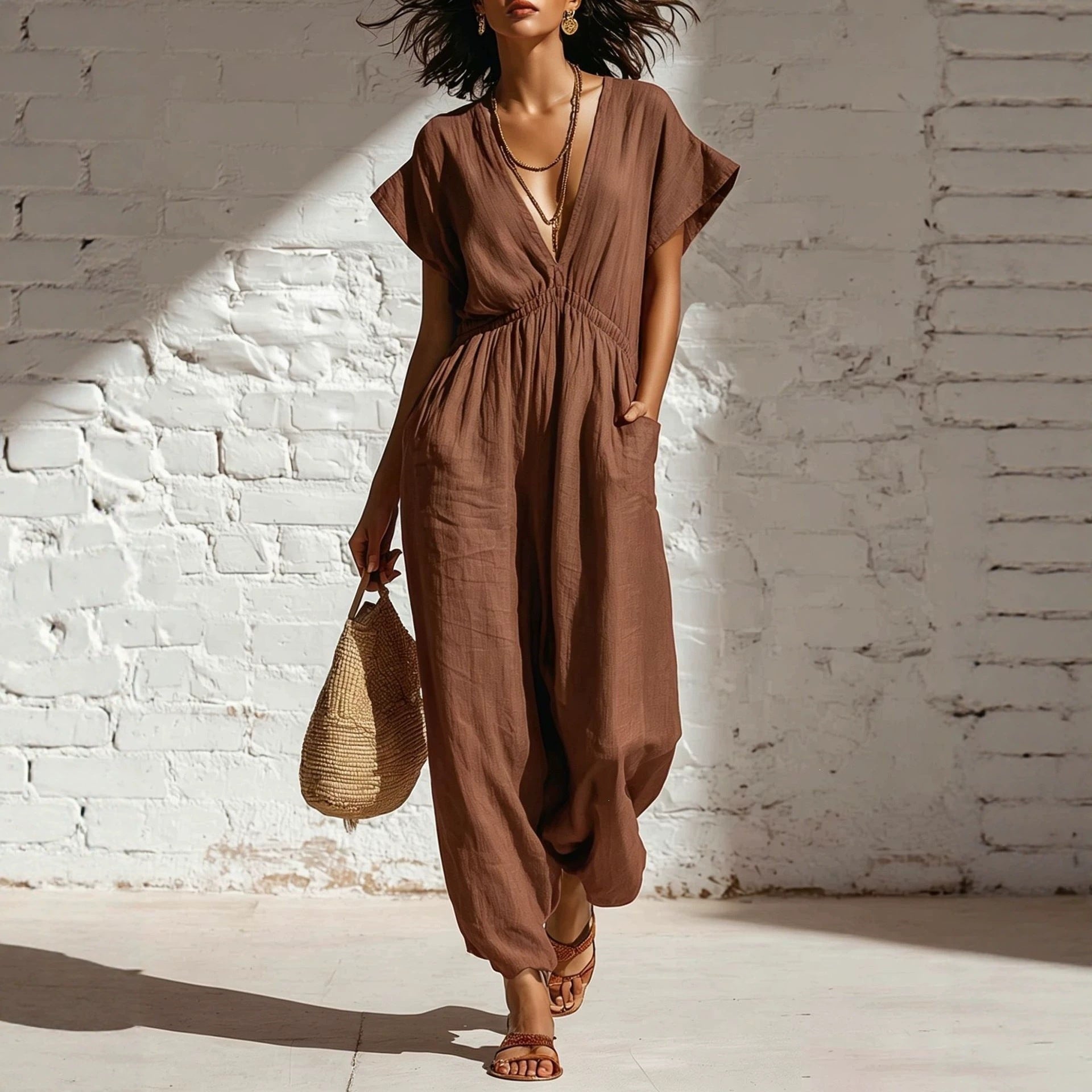 Women's Deep V-Neck Wide Leg Jumpsuit in Cotton, Relaxed Fit