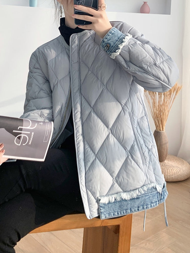 Women's Quilted Denim Patchwork Coat - Light Gray Casual Outerwear - Image 2